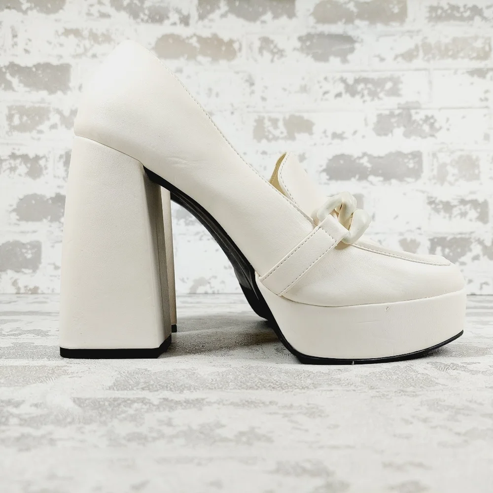New Open Edit Women White Round Toe Chain Chunky Mid Platform Heels Shoes B501
